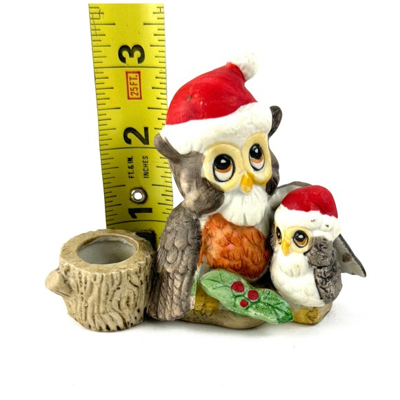 Vintage Christmas Owls Candle Holder Parent And Baby Hand Painted - Picture 7 of 9